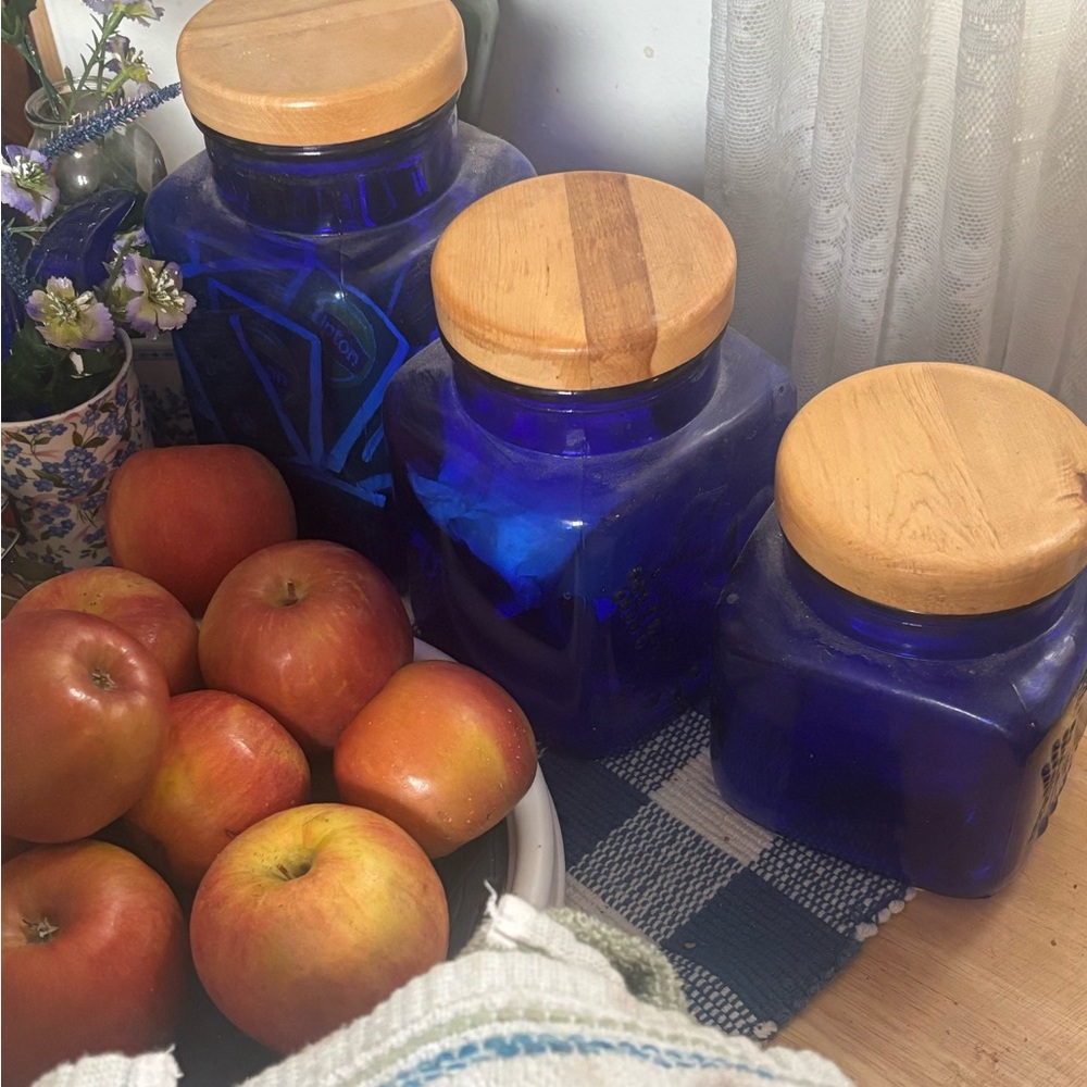 Set of Blue Glass Jars with Wooden Lids